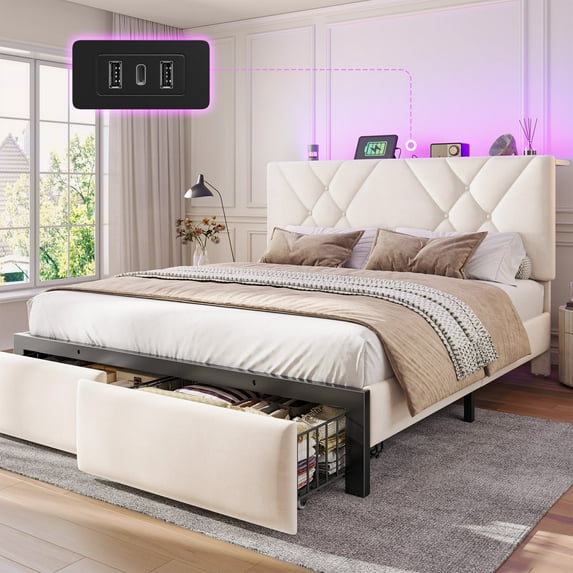 EnHomee Queen Size Bed Frame with 2 Drawers & Storage Platform Upholstered Bed Frame Queen with Headboard Queen Bed Frame with LED Lights & Charge Station, No Box Spring Needed, No-Noise, Beige