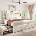 thumbnail image 1 of EnHomee Queen Size Bed Frame with 4 Drawers & 3-Tier Storage Shelf Upholstered Bed Frame Queen with Headboard Bed Frame Queen with LED Lights & Charge Station, No Box Spring Needed, No-Noise, Beige, 1 of 8