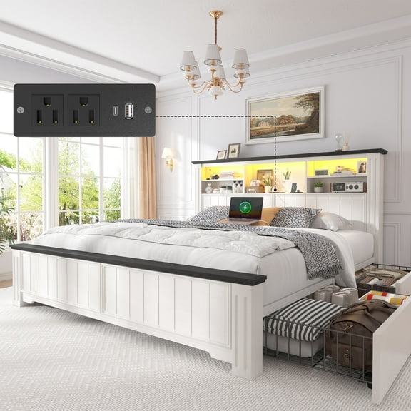 EnHomee Queen Size Bed Frame with 4 Storage Drawers Platform Bed Frame Metal with Headboard & LED Lights & Charge Station, White