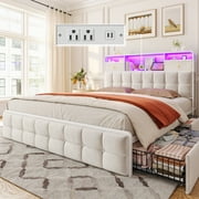 EnHomee Queen Size Bed Frame with 4 Underbed Drawers & 2 Small Drawers Upholstered Bed Frame Queen with Headboard and Storage & LED Lights & Charge Station,Beige