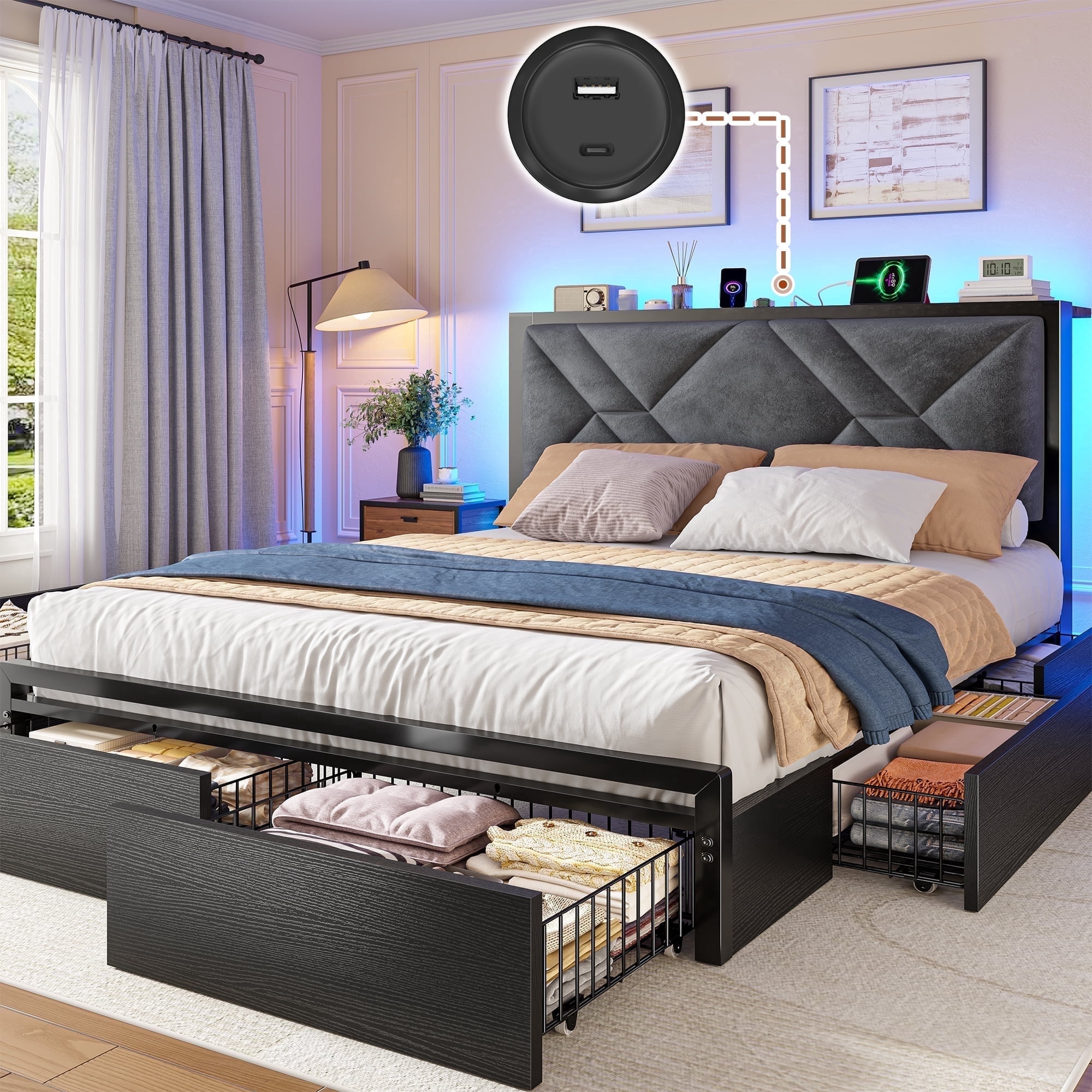 EnHomee Queen Size Bed Frame with 6 Drawers Queen Bed Frame with Storage Upholstered Platform Bed Frame with LED lights & Charging Station, No Box Spring Needed, Black