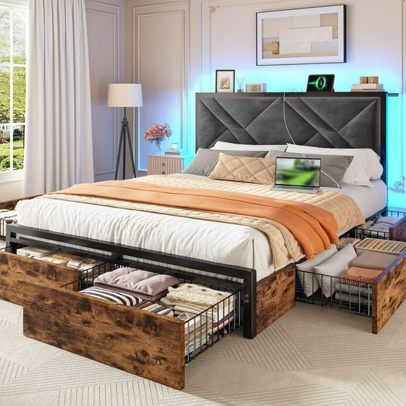 EnHomee Queen Size Bed Frame with 6 Drawers Queen Bed Frame with Storage Upholstered Platform Bed Frame with LED lights & Charging Station, No Box Spring Needed, Vintage Brown
