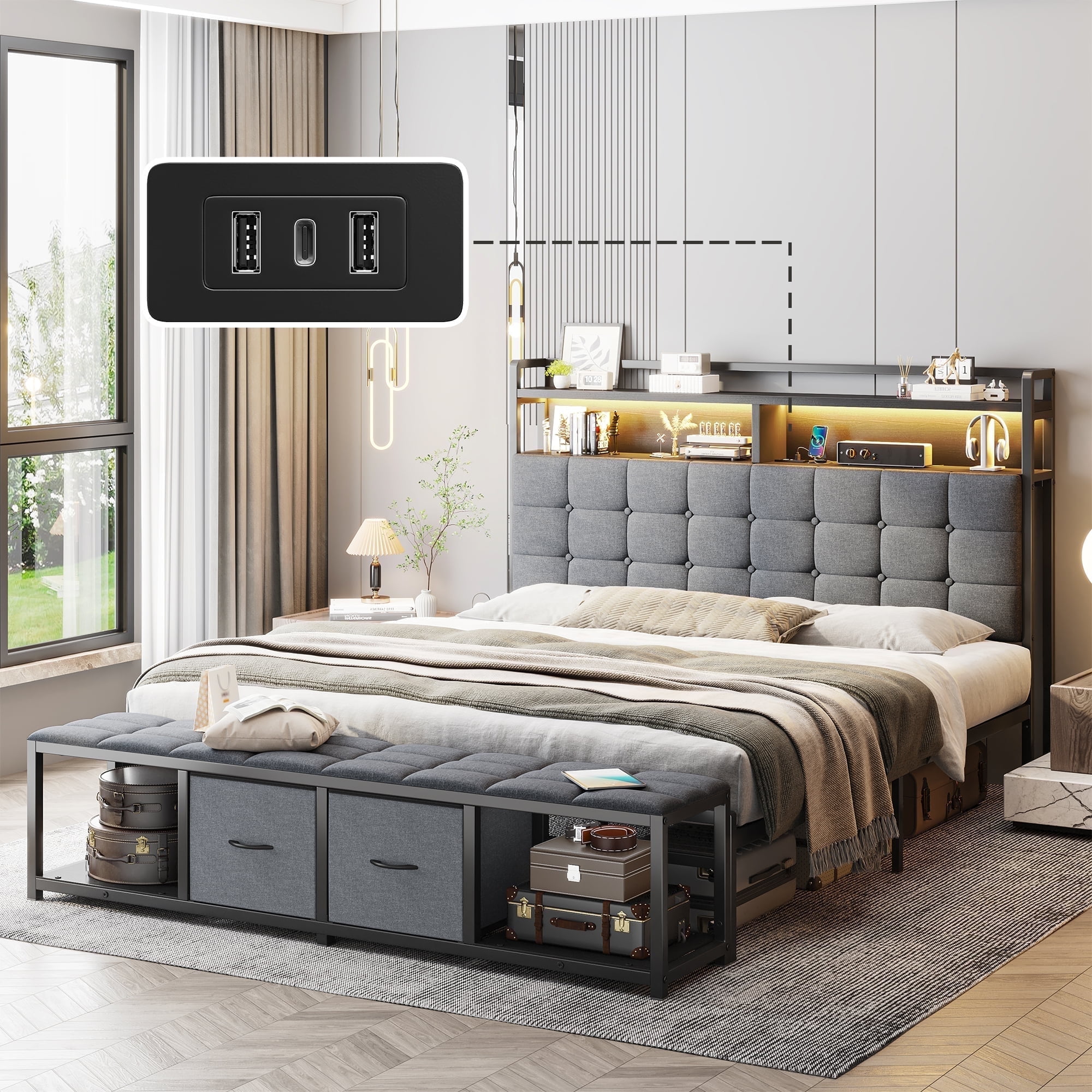 Queen Frame EnHomee Queen Size Bed Frame with Headboard Upholstered Bed Frame with ...