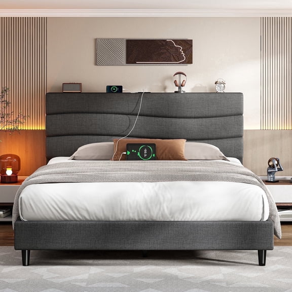 EnHomee Queen Size Bed Frame with Headboard Upholstered Bed Frame Queen with Storage Queen Size Bed Frame with Charge Station Gray, No Box Spring Needed, Noise Free