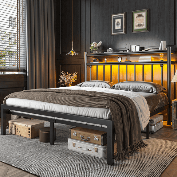 EnHomee Queen Size Bed Frame with LED Light & 2 Tier Storage Headboard, Metal Platform Bed with Under Bed Space, Victorian Style Mattress Foundation, No Box Spring Needed,Black
