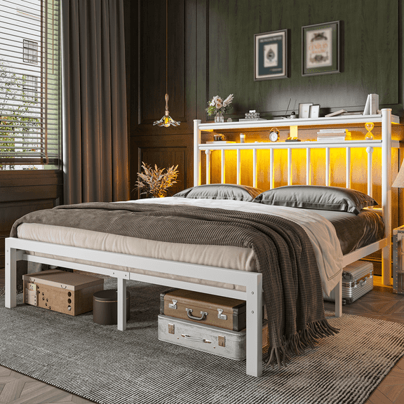 EnHomee Queen Size Bed Frame with LED Light & 2 Tier Storage Headboard, Metal Platform Bed with Under Bed Space, Victorian Style Mattress Foundation, No Box Spring Needed,White