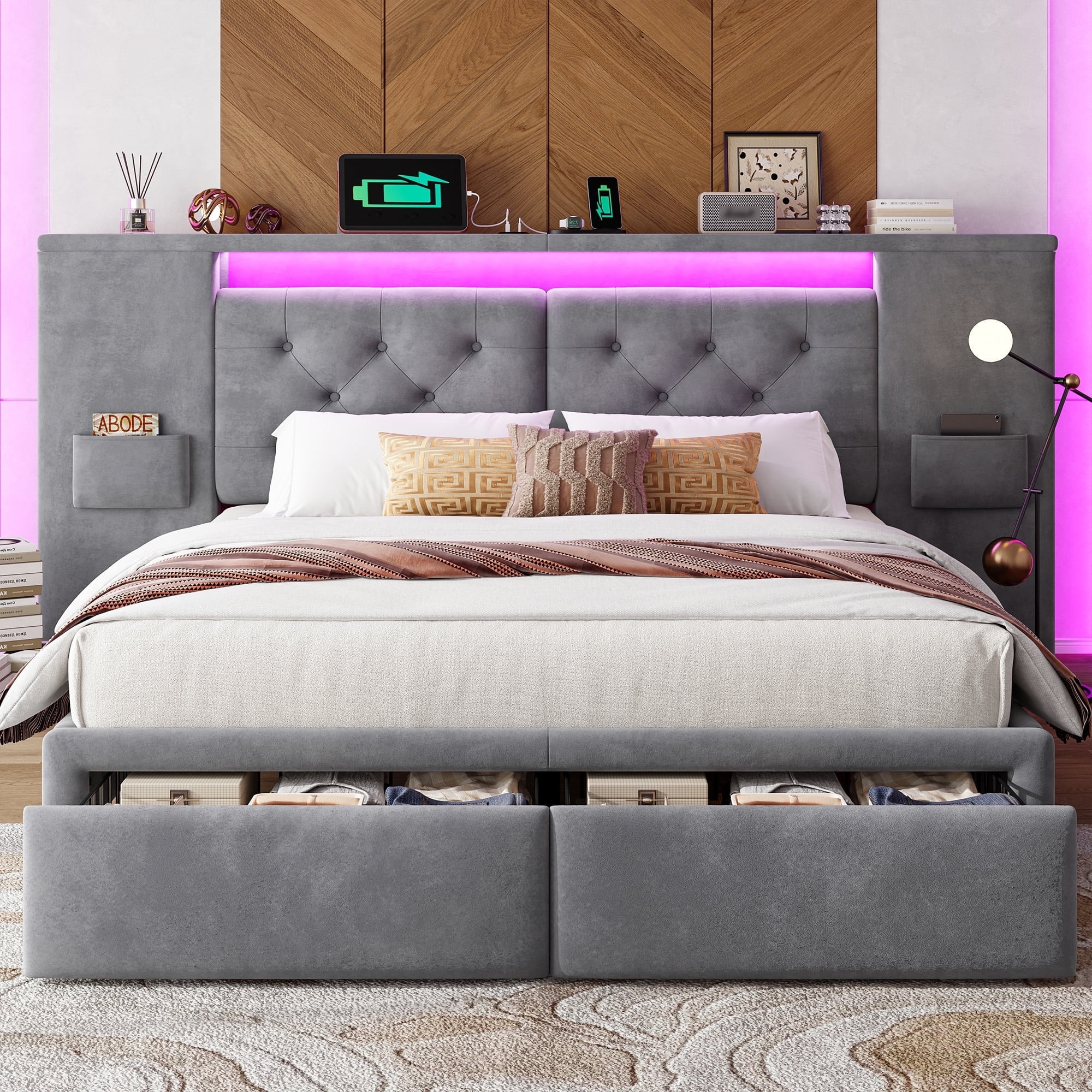 EnHomee Queen Size Bed Frame with 2 Storage Drawers and Widened Headboard Platform Bed Frame with LED Lights and Charging Station, No Box Spring,Gray