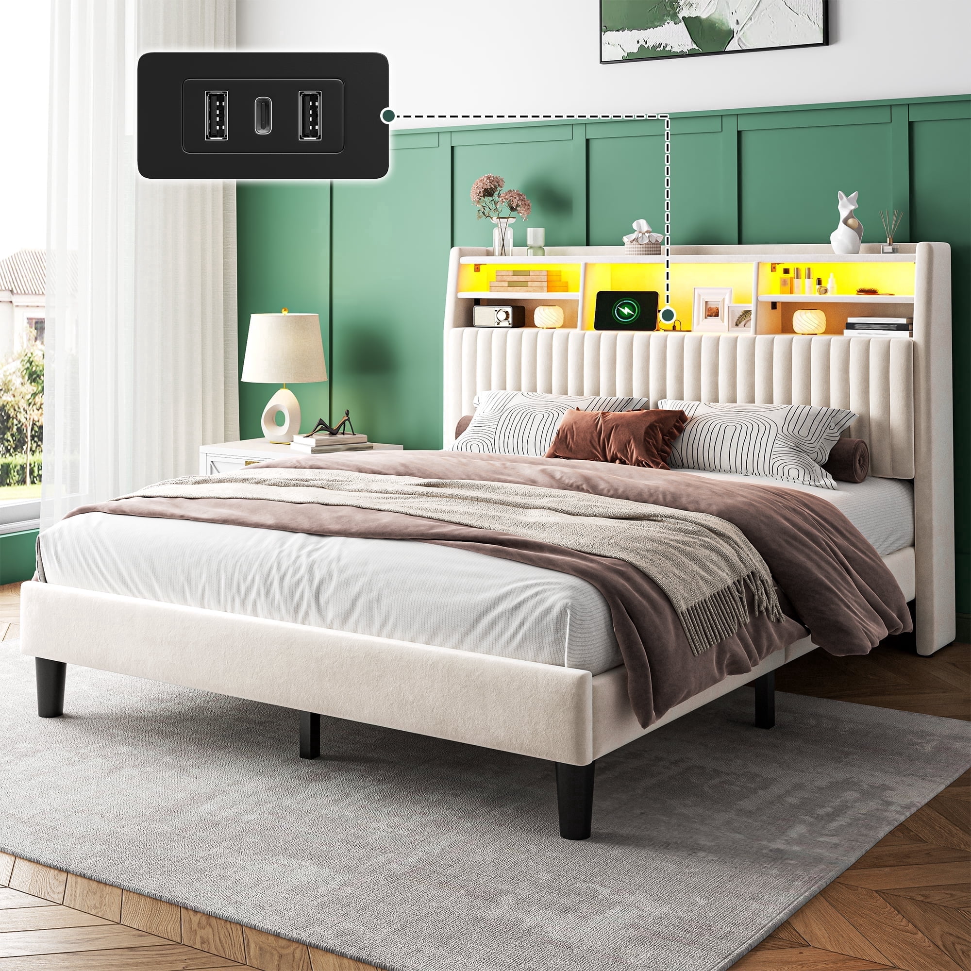 EnHomee Queen Size Bed Frame with 2-Tier Storage Shelf Upholstered Bed Frame with Headboard & LED Lights & Charge Station,Beige