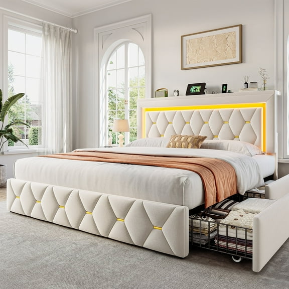 EnHomee Queen Size Bed Frame with 4 Storage Drawers Upholstered Bed with LED & Charge Station,Beige