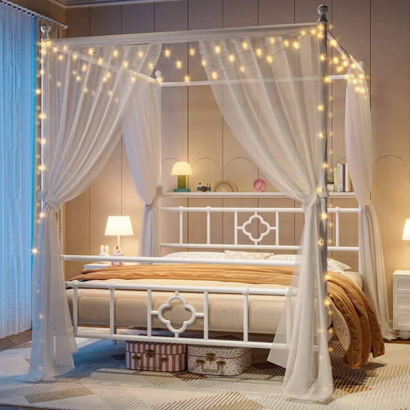 EnHomee Queen Size Canopy Bed Frame with Headboard Canopy Metal Bed Frame with 4 Removable Posts Platform Metal Canopy Bed, Curtain Not Included, White