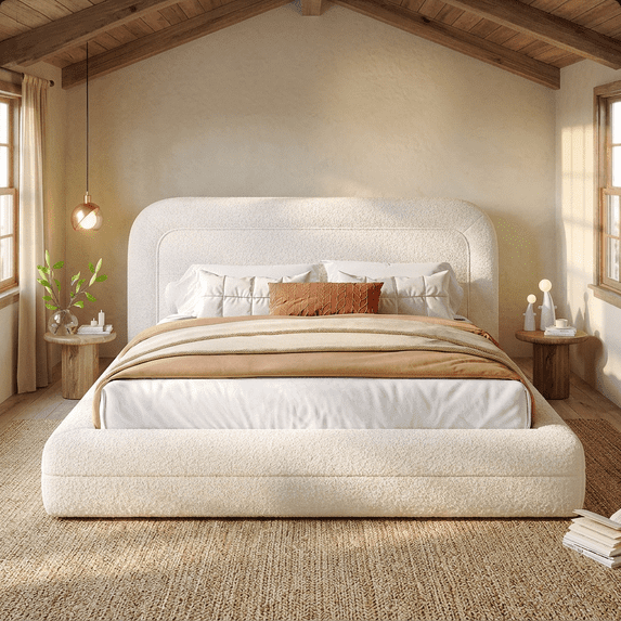 EnHomee Queen Size Cloud Bed Frame with Headboard Boucle Bed Frame with Rounded Corner, White