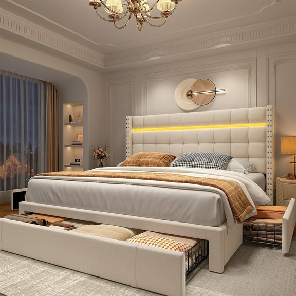 EnHomee Queen Size LED Bed Frame with 3 Storage Drawers Queen Platform Bed Frame Upholstered Bed Frame for Bedroom Beige