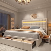 EnHomee Queen Size LED Bed Frame with 3 Storage Drawers Queen Platform Bed Frame Upholstered Bed Frame for Bedroom Beige