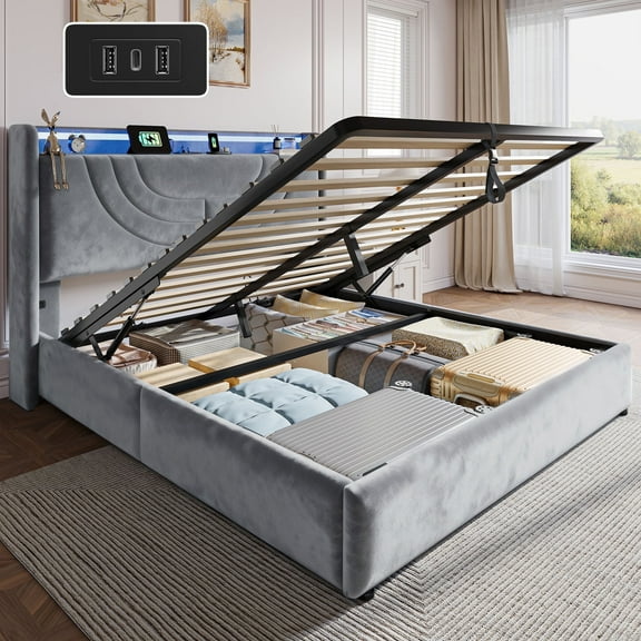 EnHomee Queen Size Lift up Hydraulic Platform Storage Bed Frame with LED Light &Charge Station,Gray