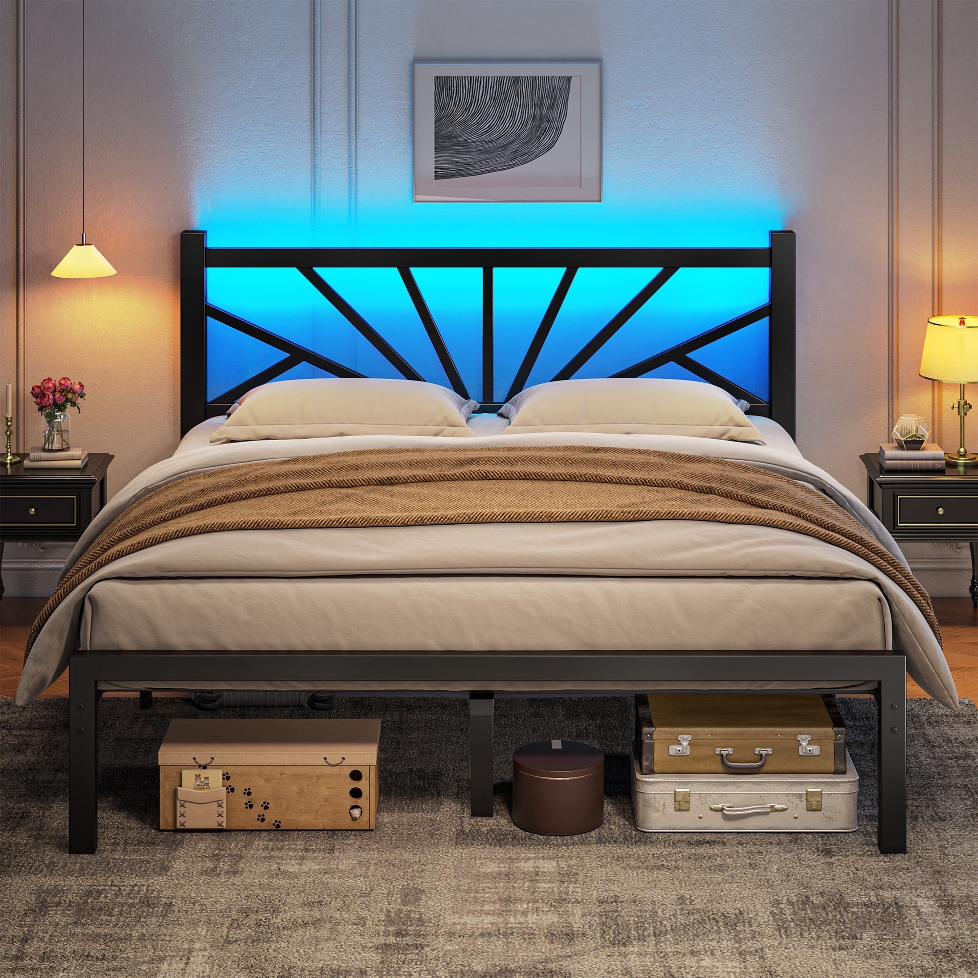 EnHomee Queen Size Metal Bed Frame with Headboard Metal Platform Bed Frame with LED Lights Bed Frame Queen with Storage Underbed, Noise Free, No Box Spring, Black