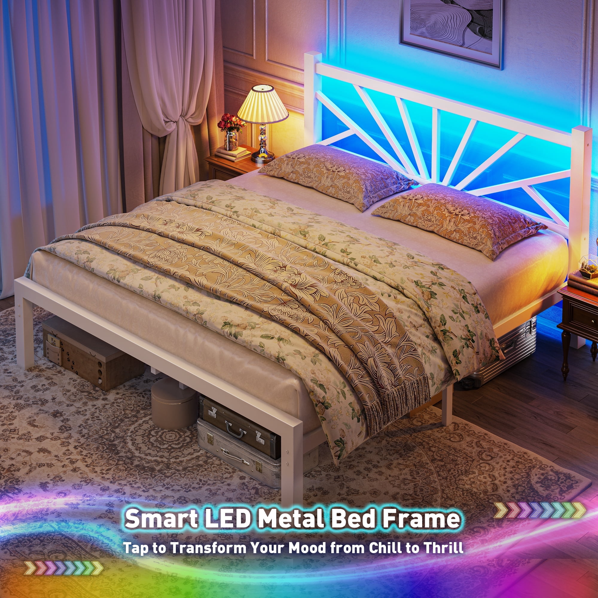 EnHomee Queen Size Metal Bed Frame with Headboard Metal Platform Bed Frame with LED Lights Bed Frame Queen with Storage Underbed, Noise Free, No Box Spring,White