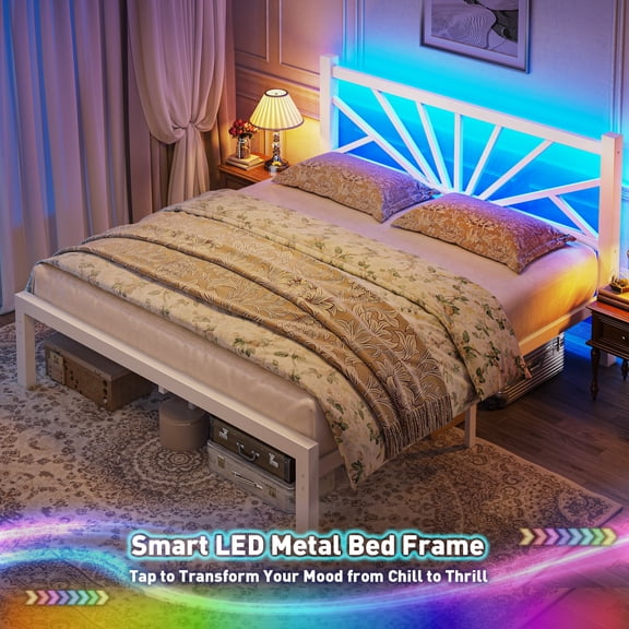 EnHomee Queen Size Metal Bed Frame with Headboard Metal Platform Bed Frame with LED Lights Bed Frame Queen with Storage Underbed, Noise Free, No Box Spring,White