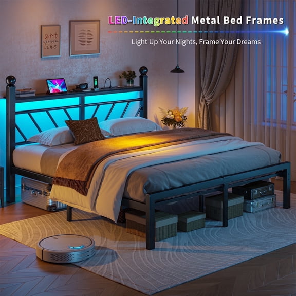 EnHomee Queen Size Metal Bed Frame with Headboard Metal Platform Bed Frame with Storage Platform Metal Bed Frame Queen with LED Lights, Noise Free, Black