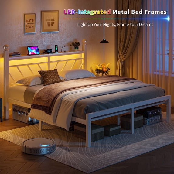 EnHomee Queen Size Metal Bed Frame with Headboard Metal Platform Bed Frame with Storage Platform Metal Bed Frame Queen with LED Lights, Noise Free, White
