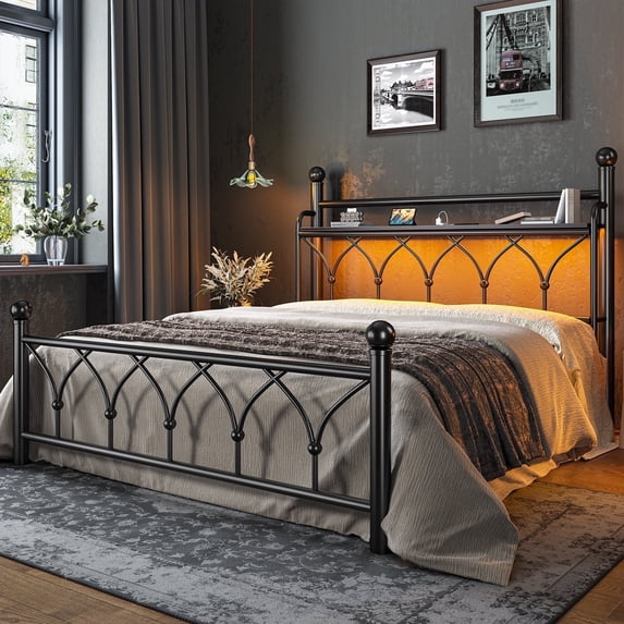 EnHomee Queen Size Metal Bed Frame with Vintage Headboard, LED Lights, Charge Station, and 12.6 in Under-Bed Storage, Black