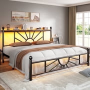 EnHomee Queen Size Metal Bed Frame with Vintage Headboard & Footboard Metal Platform Bed Frame Queen with LED Lights & Storage, Noise Free, Black