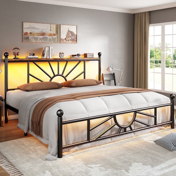 EnHomee Queen Size Metal Bed Frame with Vintage Headboard & Footboard Metal Platform Bed Frame Queen with LED Lights & Storage, Noise Free, Black