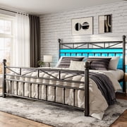 EnHomee Queen Size Metal Platform Bed Frame Metal Bed Frame Queen with Headboard & Footboard Bed Frame with LED Lights & Storage,Noise Free,Black