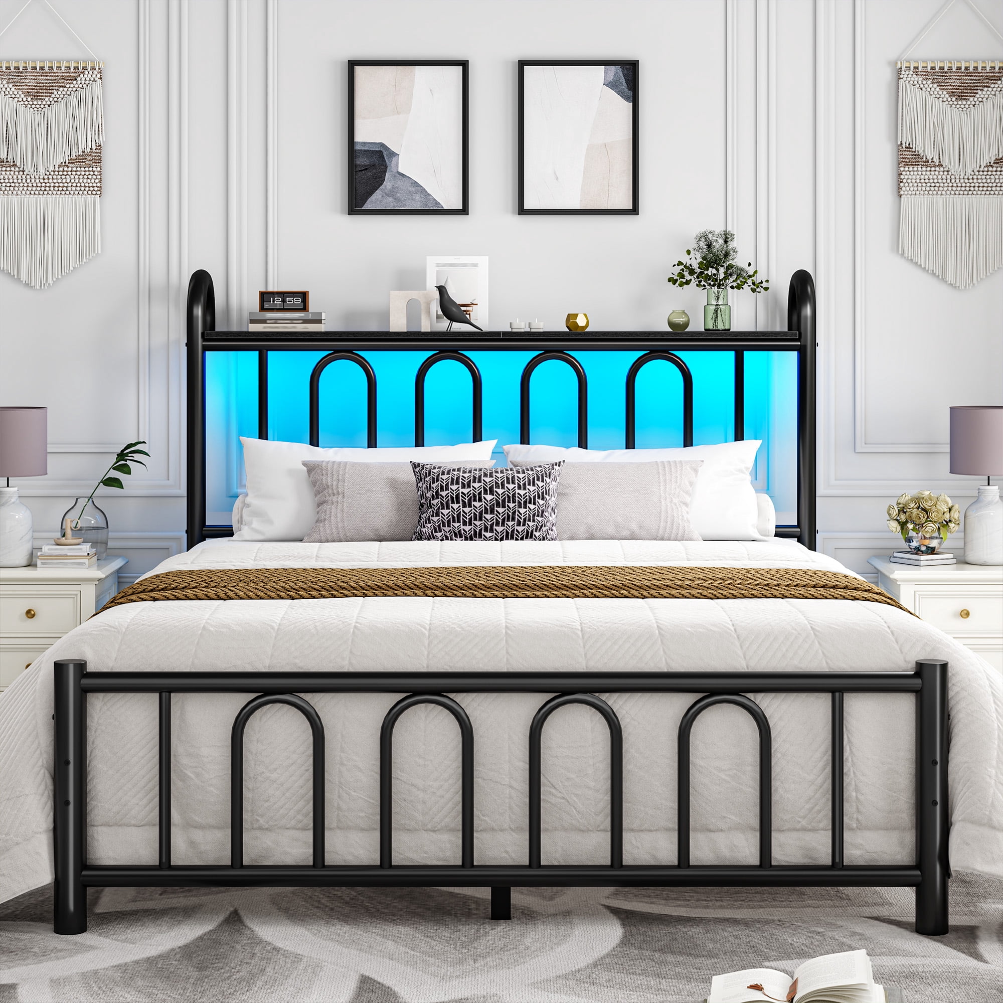 EnHomee Queen Size Metal Platform Bed Frame with Headboard Metal Bed Frame with LED Lights Queen Bed Frame with Underbed Storage,Black