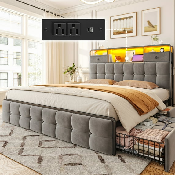 EnHomee Queen Upholstered Bed Frame with Headboard Storage Bed Frame with 4 Storage Drawers & LED Lights Platform Bed frame with Charging Station,Gray
