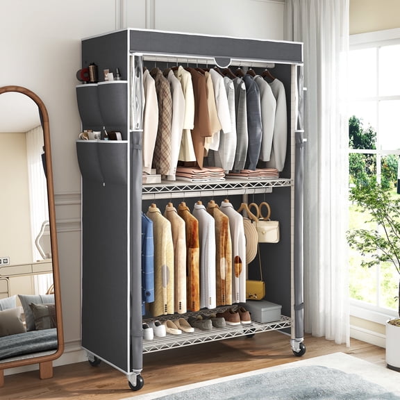 EnHomee Rolling Closet Rack with Cover,450LBS Load Capacity Adjustable Shelves & Rods,81"H Portable Wardrobe with Side Pockets,White