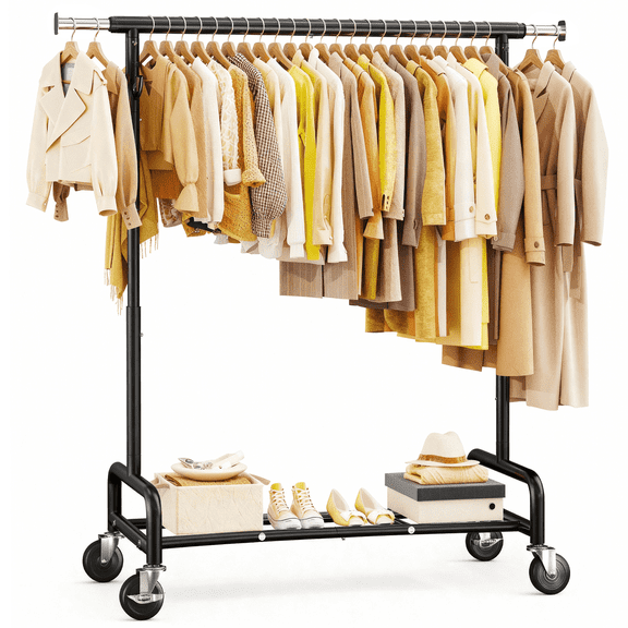 EnHomee Rolling Clothes Rack,Heavy Duty Metal Garment Rack with Extendable Hanging Rod,Adjustable Heigh,450lbs Capacity,Mobile Clothes Rack for Home,Laundry,Closet Organization,Black