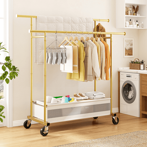EnHomee Rolling Garment Rack with Wheels,Double Rod Heavy Duty Clothes Rack with Storage Basket,Portable Closet Organizer for Bedroom Laundry Entryway,43.3"W x 17.7"D x 63"H,Gold