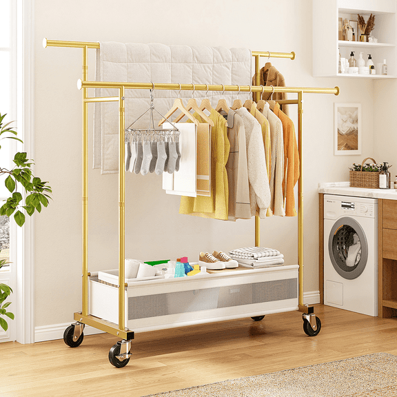 Rolling Garment Rack with Wheels,Double Rod Heavy Duty Clothes Rack with Storage Basket,Portable Closet Organizer for Bedroom Laundry Entryway,43.3"W x 17.7"D x 63"H,Gold
