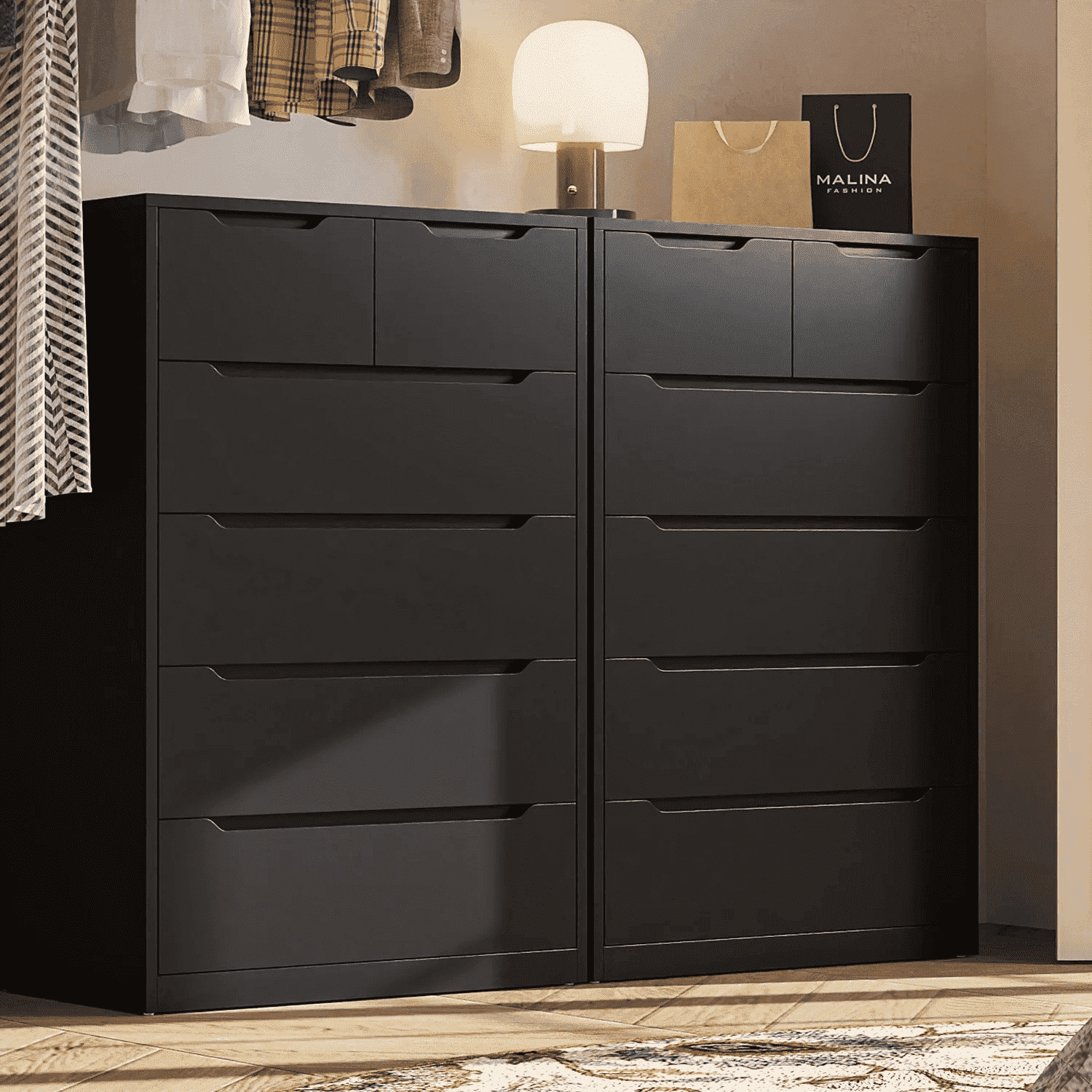 EnHomee Set of 2 Black Tall Dresser Wood 6 Drawer Dressers for Bedroom Wood Chest of Drawers with Smooth Metal Rail Large Dresser Modern Storage Cabinet for Home Office Living Room