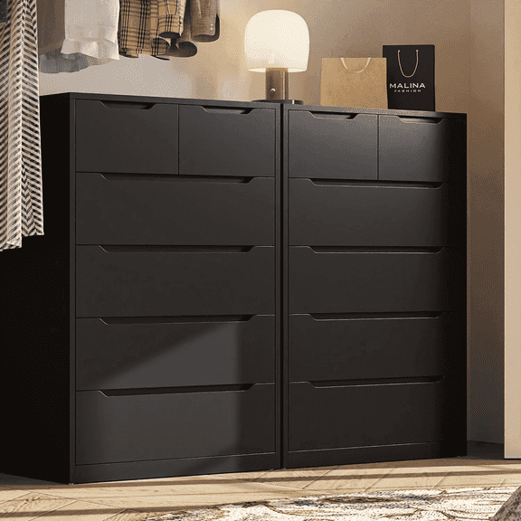 EnHomee Set of 2 Black Tall Dresser Wood 6 Drawer Dressers for Bedroom Wood Chest of Drawers with Smooth Metal Rail Large Dresser Modern Storage Cabinet for Home Office Living Room