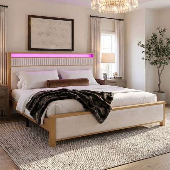 EnHomee Solid Wood Bed Frame King Size Upholstered Bed Frame with Storage Headboard & Charge Station & LED Light,Natural