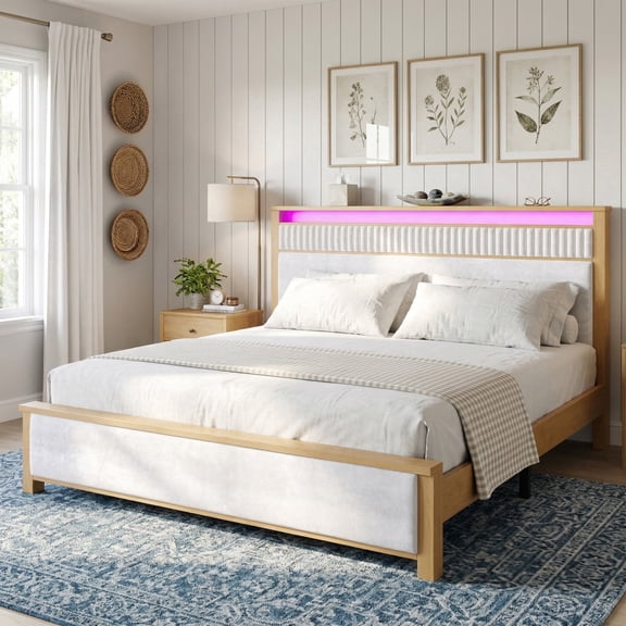 EnHomee Solid Wood Bed Frame King Size Upholstered Bed Frame with Storage Headboard & Charge Station & LED Light,Natural