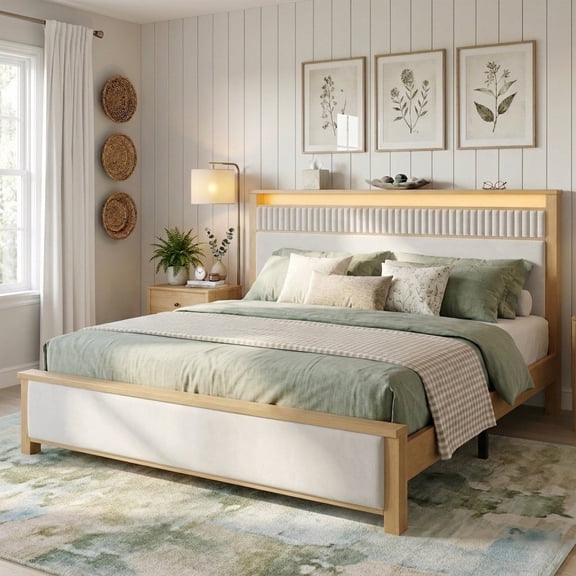 EnHomee Solid Wood Bed Frame Queen Size Upholstered Bed Frame with Storage Headboard & Charge Station & LED Light,Natural