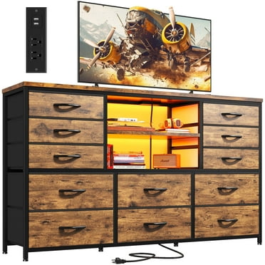 EnHomee TV Stand for 55'' TV Dresser for Bedroom,LED TV Stand with Storage 12 Fabric Drawers Dresser with Entertainment Center,Power Outlet,Rustic Brown