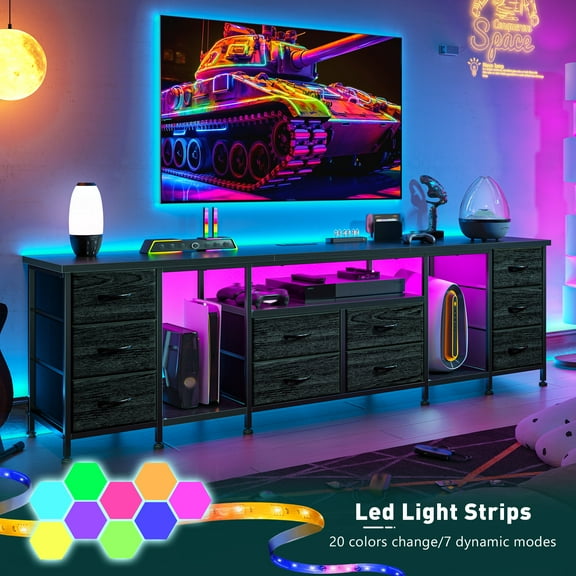 EnHomee TV Stand Dresser for 75 80 85 Inch TV Dressers for Bedroom with LED lights & Power Outlets TV stand with 10 Fabric Drawers and Entertainment Center,Black