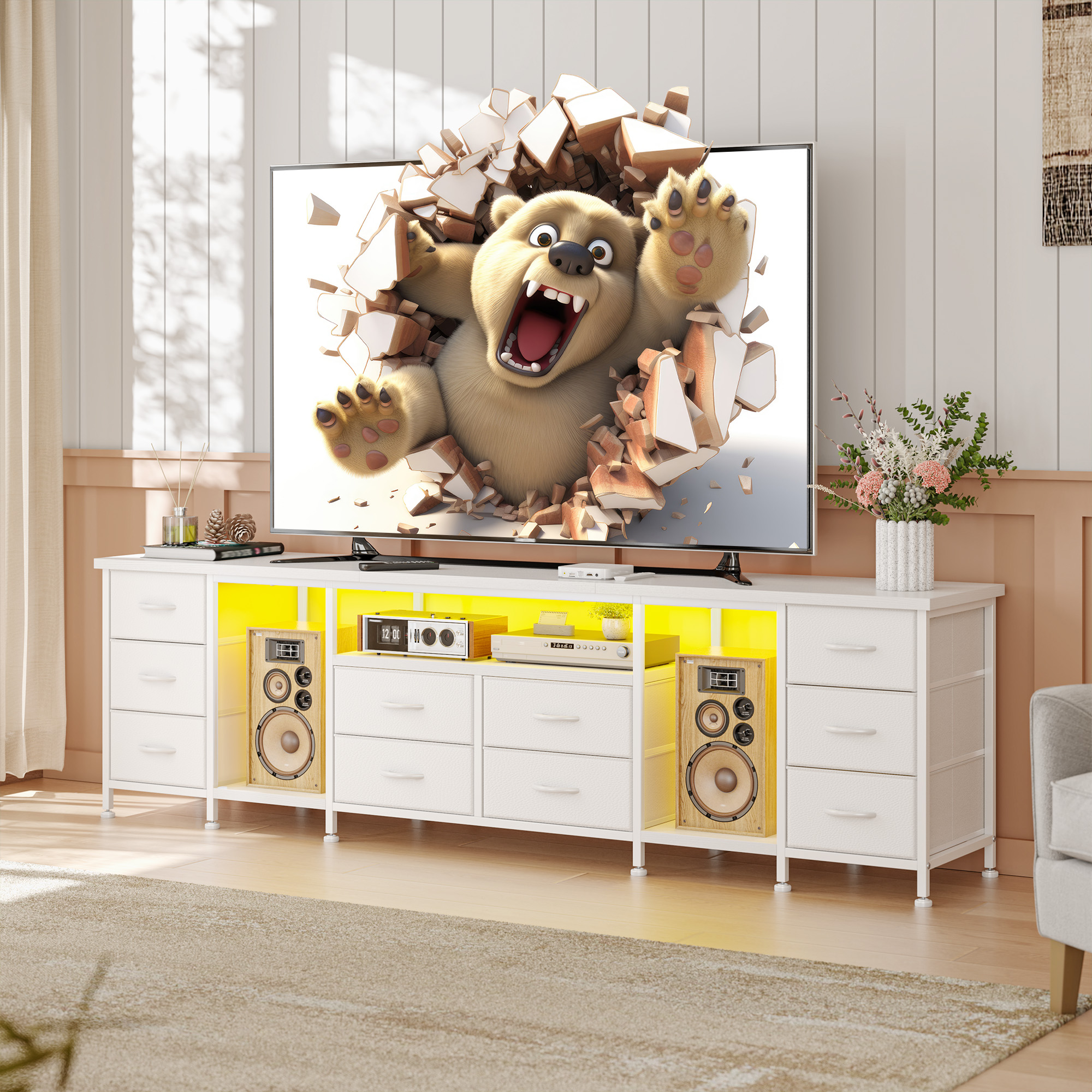 EnHomee Dressers for bedroom TV Stand with Power Outlets LED Lights Wide Dresser with 10 Drawers Side Pockets Hook Fabric Chest of Drawers Black