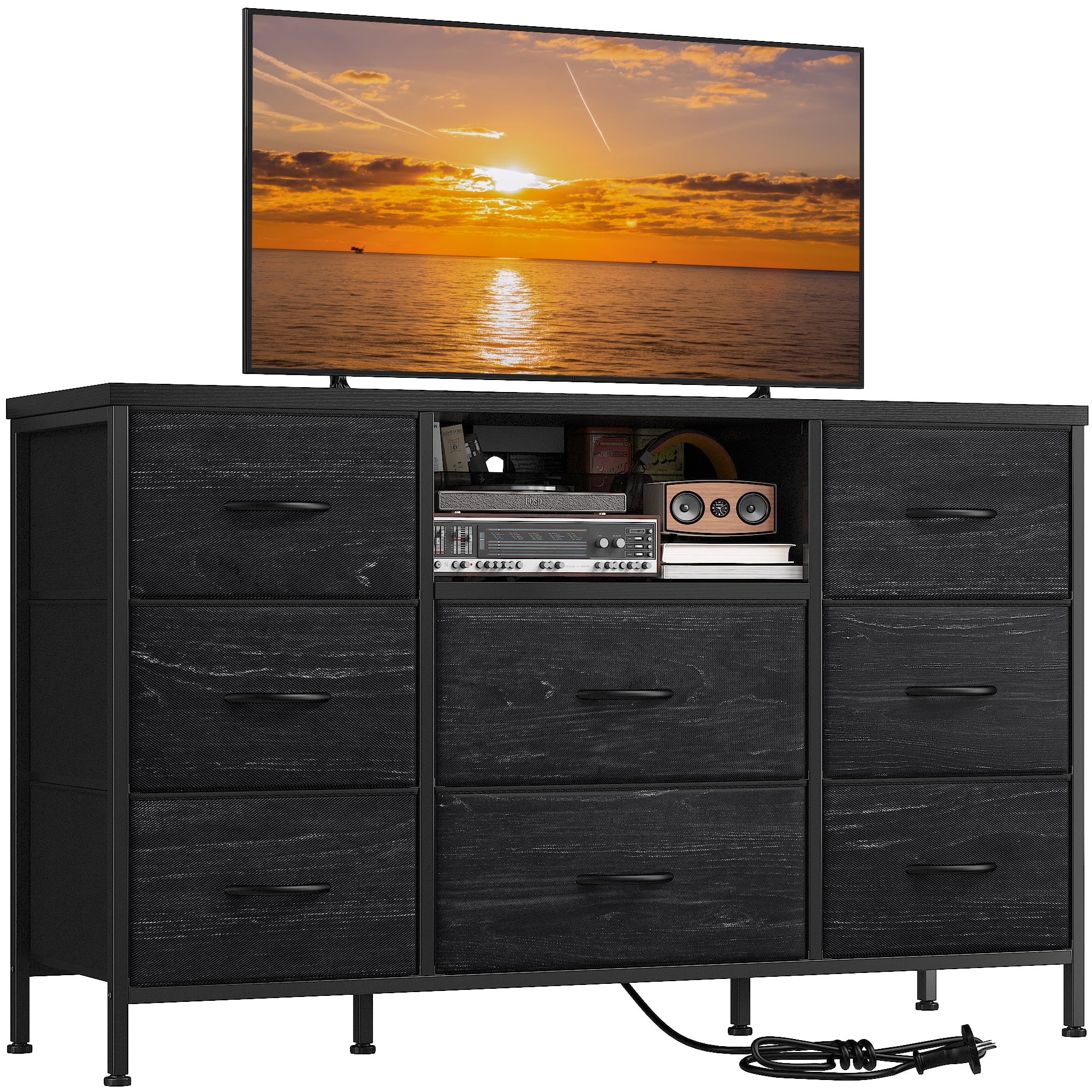 EnHomee TV Stand Dresser for Bedroom with 8 Drawers Wide Black Dresser