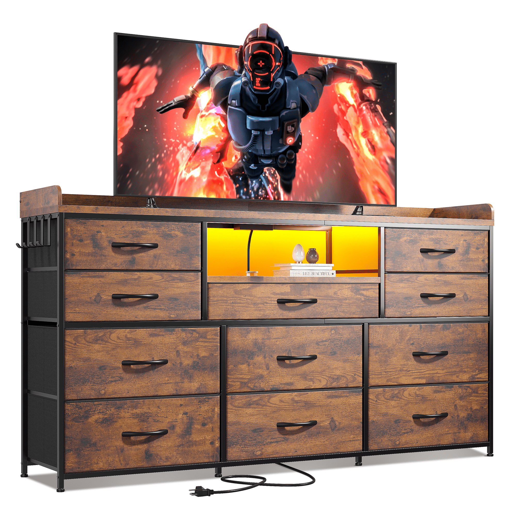 EnHomee TV Stand for 55" TV Fabric Dresser with LED Lights & Power Outlets,Rustic Brown