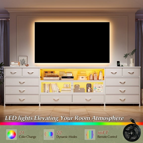 EnHomee TV Stand for Bedroom White Dresser with Drawers TV Console Table with Storage & LED & Charge Station
