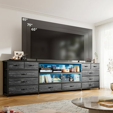 EnHomee TV Stands for Living Room Bedroom Dresser with Charge Station Entertainment Center for TVs 75 inch to 85 inch Black TV Stand with Fabric Drawers & LED
