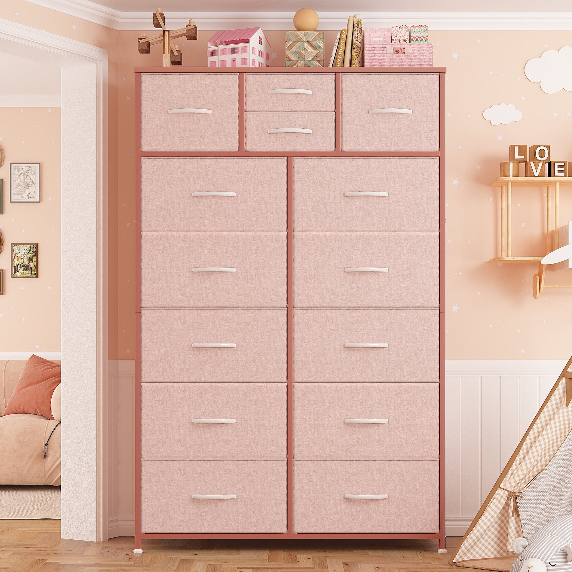 EnHomee Tall Drawer Dresser for Bedroom Pink Dresser with 14 Drawers Bedroom Furniture Dresser ...