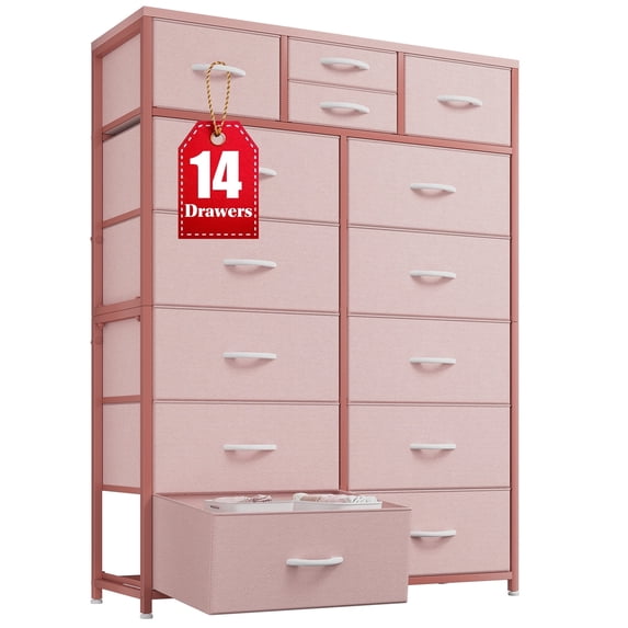 EnHomee Dressers for Bedroom with 14 Fabric Drawers Tall Dresser & Chests of Drawers Storage Tower for Living Room, Pink
