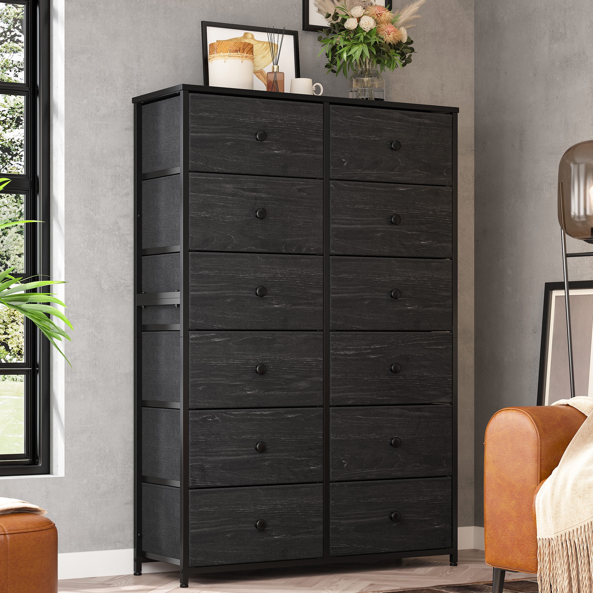 EnHomee Tall Dresser for Bedroom 12 Drawer Dressers Fabric Chest of Drawers Black Dresser with ...