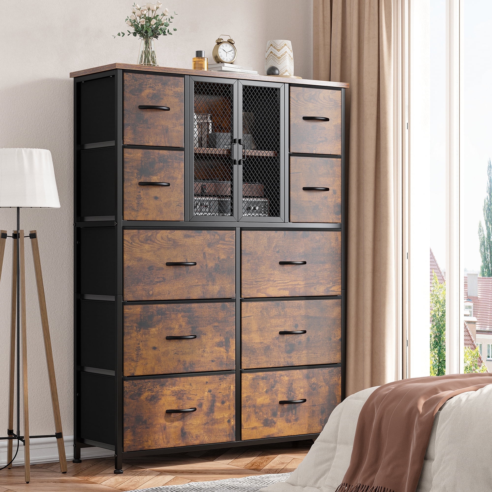 EnHomee Tall Dresser with 10 Drawers Solid Wood Frame Rustic Bedroom Furniture Metal Screen Door Grille Walmart