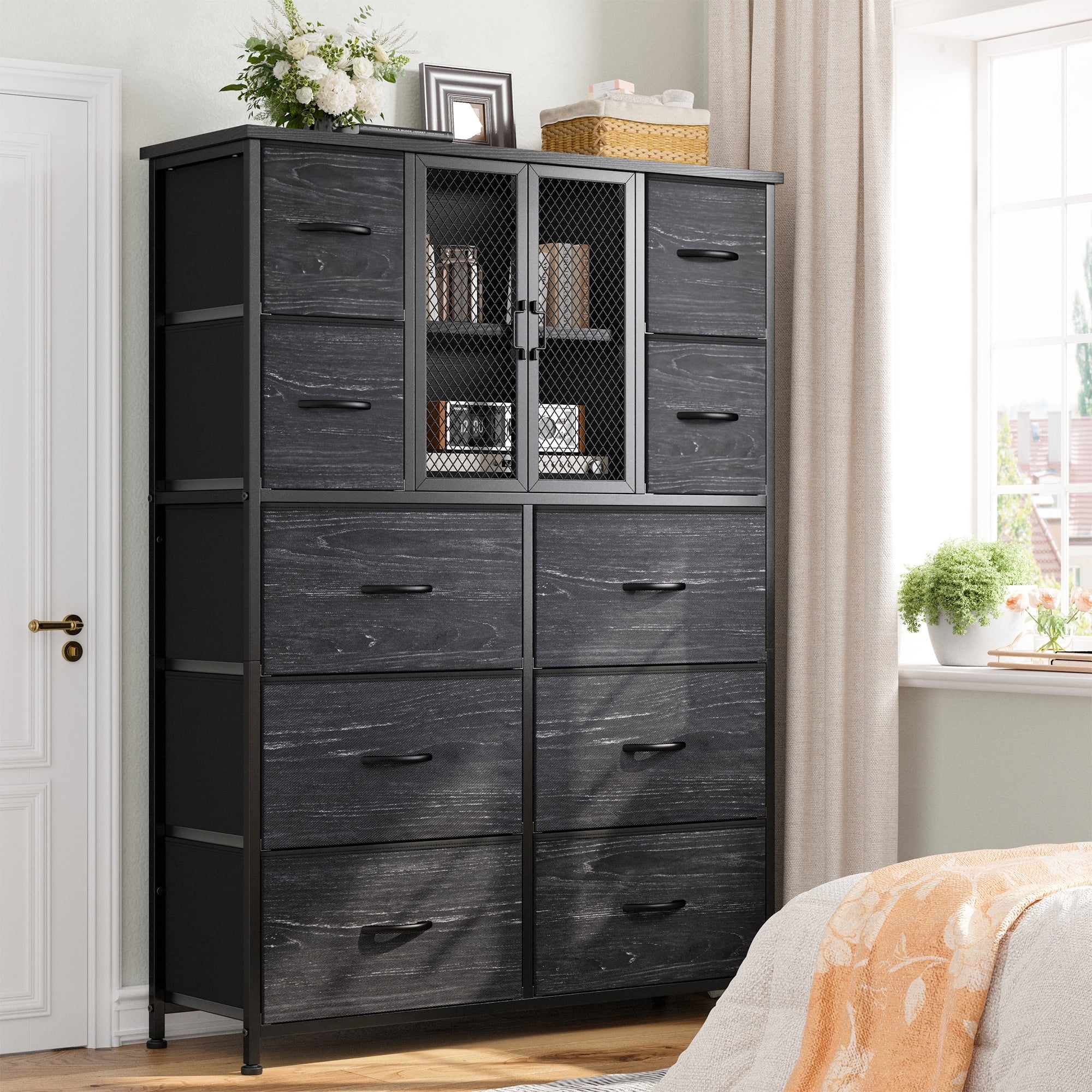 EnHomee Tall Dresser with Cabinet, 10-Drawer Fabric Dresser & Wooden ...